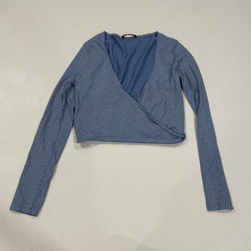 Brandy Melville Blue Floral Wrap Long Sleeve Crop Top One Size Y2K Aesthetic